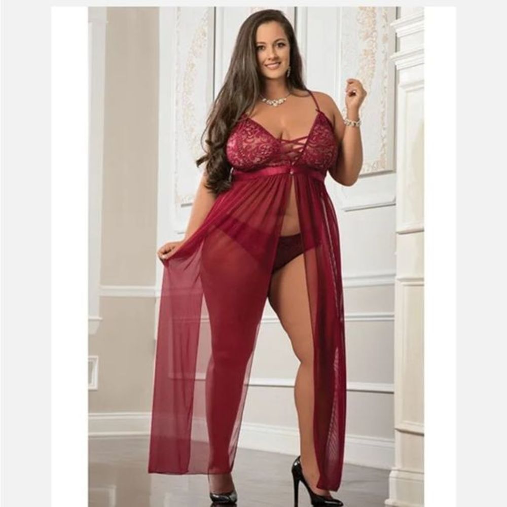 2 Pc Empire Waist Laced Sheer Long Dress and Panty - Mulled Wine